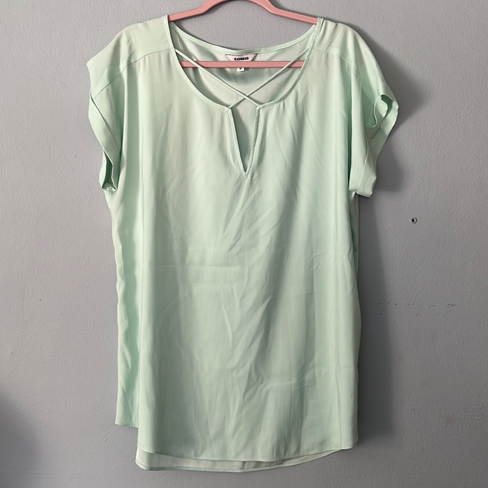 Express Silky mint green short sleeve open neck blouse criss cross detail sz XL
